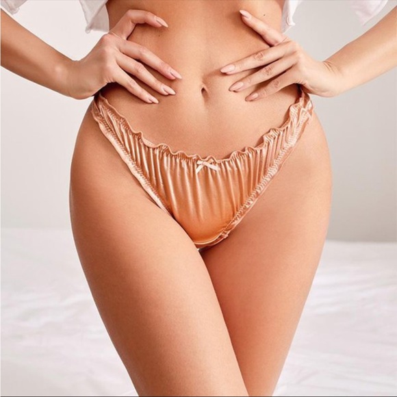 Vintage Style Brown Satin Silk Ruffle String Bikini Thong Panties Med/6 NEW - Picture 3 of 5